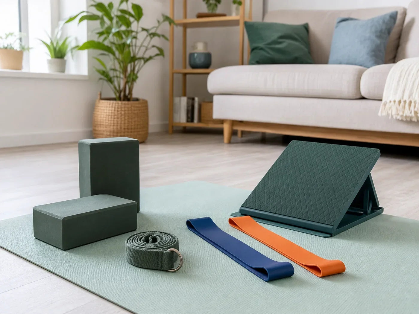 Yoga blocks, a stretch strap, long bands, and a compact board for a mobility routine.