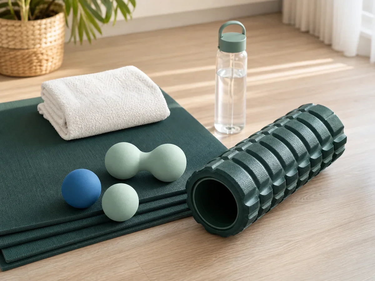 A manual roller and massage balls set beside a mat for a cooldown routine.