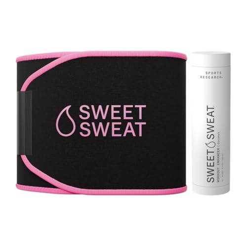 Waist Trimmer Pack - Sweet Sweat Waist Trimmer (Black/Pink, Small) & Workout Enhancer Roll-On Gel (Coconut Scent)