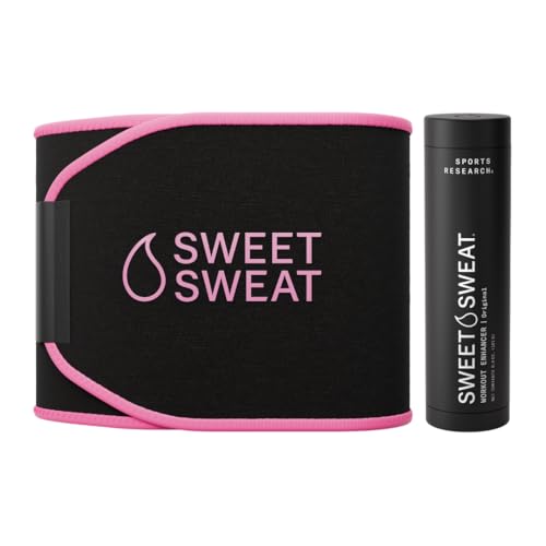 Waist Trimmer Pack - Sweet Sweat Waist Trimmer (Black/Pink, Medium) & Workout Enhancer Roll-On Gel Original Scent (6.4oz)