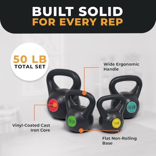 Vinyl Kettlebell Set, 30/45/50/75 Pound Options – Cement-Filled Strength Training Weights with Ergonomic Grip and Color Coding for Full Body Fitness at Home or Gym - view 4