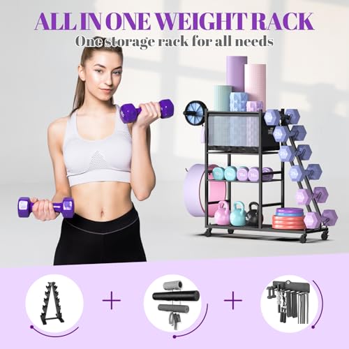 Dumbbell Rack with Yoga Mat Holder and Wheels for Home Gym - view 2