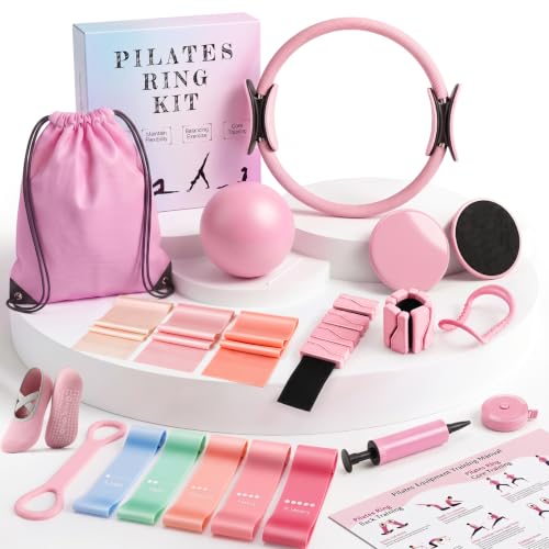 24 PCS At Home Pilates Kit for Women, Pilates Equipment with 14.5" Pilates Ring and Ball, Ankle Weights, Bands, Slider, Stretch Ring, Grip Socks, Pilates Set Essentials for Starter Workouts