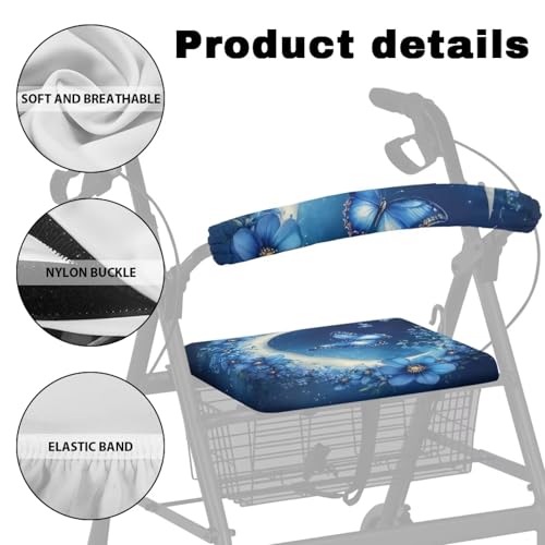 Blue Butterfly Moon Flower Walker Accessories Rollator Walker Seat and Backrest Covers Soft Dust Cover for Seniors in Assisted Living 2 Piece - view 5