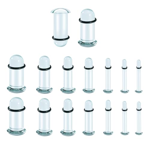 14PCS/10PCS 14G-00G Glass Ear Gauges Stretching Kit Short Taper Expander Comfy Dead Pain-Free Plugs with Rubber Rings Domed Body Piercing Jewelry