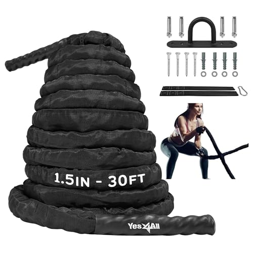 Battle Ropes, Workout Rope with Cover, Steel Anchor & Strap Included, Heavy Ropes for Exercise Training - 1.5/2 Inch Diameter, 30, 40, 50 Ft Length