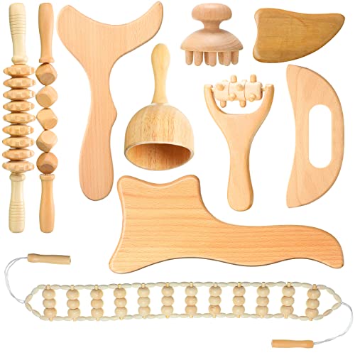 10 Pieces Wood Massage Tools Wooden Maderoterapia Kit Therapy Tools Massage Roller Lymphatic Drainage Health Care for Neck Leg Back Arm Body Muscle Pain Relief