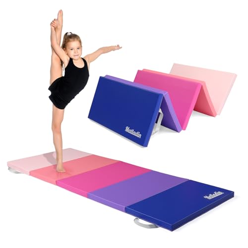 Folding Gymnastics Gym Exercise Aerobics Mat, 76"L x 30"W x 1.5"Th Folding Exercise Mat, Easy to Clean PU Leather Tumbling Mats for Stretching Yoga Cheerleading Martial Arts, Kid Play(Pink,Blue）