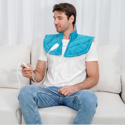 Electric Heating Pad for Neck and Shoulders, Shoulder Heating Pads, Weighted Neck Heating Pad for Pain Relief, 6 Heat Settings Far Infrared Heated Pad with Auto Off (Blue L) - view 3