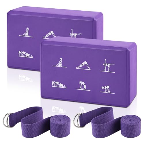2 Yoga Block and 2 Yoga Strap Set,Non-slip EVA Foam Blocks, High Density Yoga Bricks with 6ft Strap, Supportive Latex-Free Yoga Block Accessories for Pilates