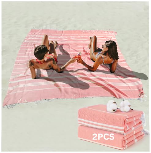 2 Packs Turkish Beach Towel Jumbo Extra Large XL XXL Big Oversized Giant Huge Thin Outdoor Picnic Accessories Airplane Travel Essentials Camping Gears Must Haves Yard Yoga Mat Coral