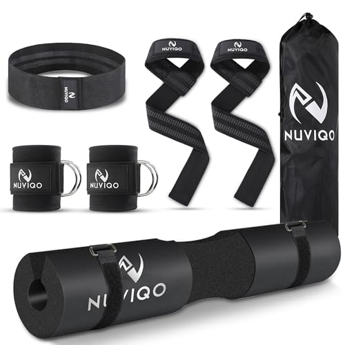 9 Pcs Gym Accessories Set Featuring Barbell Pad with 2 Safety Straps - 2 Ankle Straps for Cable Machine - 2 Weight Lifting Straps - Hip Resistance Band - Carry Bag for Hip Thrust Pad