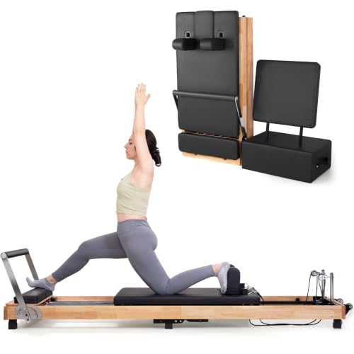 Pilates Reformer Machine, 93'' Wooden Foldable Pilates Reformer with Adjustable Resistance Springs, Studio Grade Pilates Equipment for Home & Gym Workout, Includes Jump Board, Sitting Box
