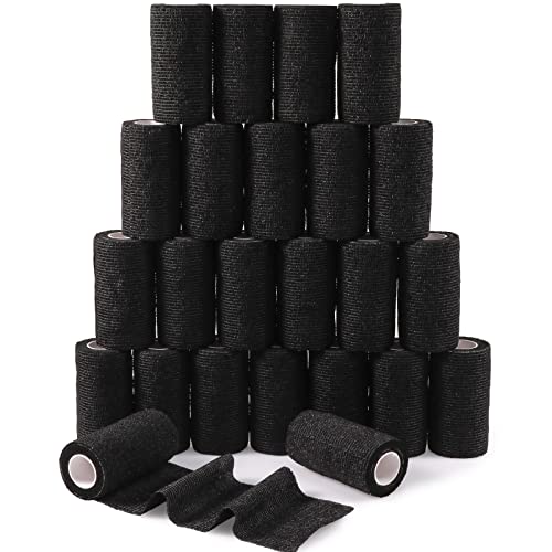 24 Pack Self Adherent Cohesive Bandage Wrap, 4” x 5 Yards Elastic Grip Tape Black Vet Wrap for Dogs, Athletic Bandages Wrap for First Aid Medical, Sports, Ankle, Wrist Sprains