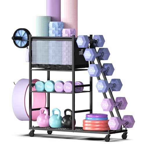 Dumbbell Rack with Yoga Mat Holder and Wheels for Home Gym