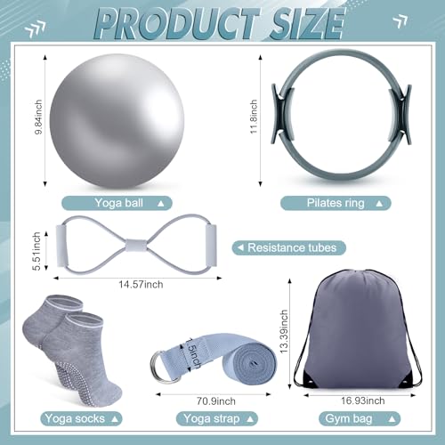 18 Pcs Home Pilates Kit for Women Pilates Ball and Ring Circle Set Yoga Fitness Essential with 5 Resistance Band Stretching Strap Non Slip Sock Ball Core Slider Wristband Headband Gym Bag - view 2