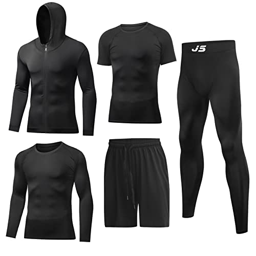 Men Compression Workout Set 5 PCS Dry Quick Shirt Pants Shorts Tights Jacket Clothes for Gym
