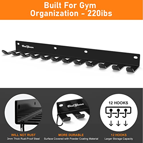 Home Gym Storage Rack - Multi-Purpose Heavy Duty Gym Rack Organizer, Wall Mount Barbell Rack Gym Equipment Hanger for Olympic Barbells, Resistance Bands, Jump Ropes, Row Handles, etc. (26", 12 Hook) - view 3