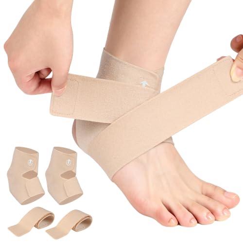 Ankle Brace Compression Sleeve 2 Pack for Women & Men, Fully Openable Wrap Support with Adjustable Strap, Breathable Open-Heel Design for Plantar Fasciitis, Sprained Ankle, Achilles Tendonitis, Sports & Daily Use Beige Medium
