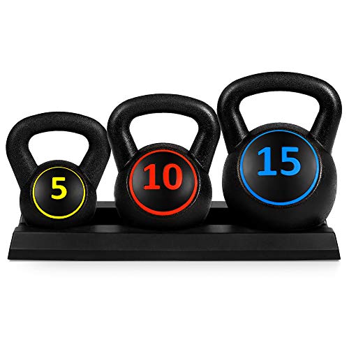 3-Piece Kettlebell Set with Storage Rack, HDPE Coated Exercise Fitness Concrete Weights for Home Gym, Strength Training, HIIT Workout 5lb, 10lb, 15lb