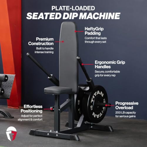 Titan Fitness Seated Dip Machine, Plate Loaded Dip Machine Rated 200 LB, Seated Triceps Dip Machine, Adjustable Padded Seat Backrest, Doubles as Bicep Curl Station - view 2