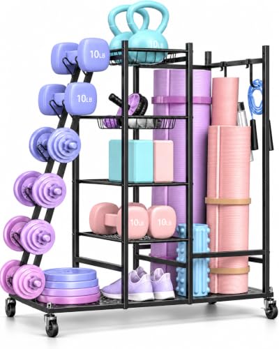 Home Gym Storage Rack with Wheels, Dumbbell Rack & Yoga Mat Organizer