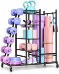 Home Gym Storage Rack with Wheels, Dumbbell Rack & Yoga Mat Organizer