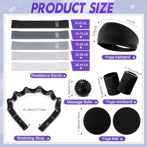 18 Pcs Home Pilates Kit for Women Pilates Ball and Ring Circle Set Yoga Fitness Essential with 5 Resistance Band Stretching Strap Non Slip Sock Ball Core Slider Wristband Headband Gym Bag - view 3