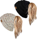 Ponytail Beanie for Women - Winter Hat Soft Stretch Cable Knit High Pony Tail Womens Running Hats