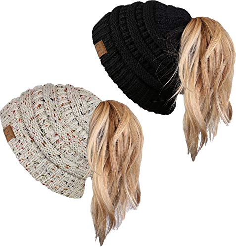 Ponytail Beanie for Women - Winter Hat Soft Stretch Cable Knit High Pony Tail Womens Running Hats
