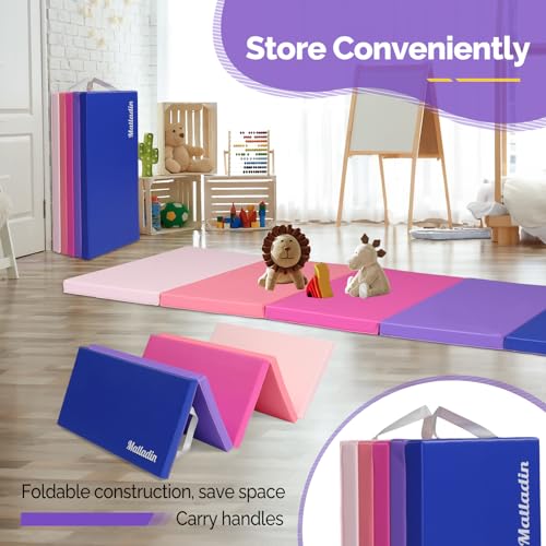 Folding Gymnastics Gym Exercise Aerobics Mat, 76"L x 30"W x 1.5"Th Folding Exercise Mat, Easy to Clean PU Leather Tumbling Mats for Stretching Yoga Cheerleading Martial Arts, Kid Play(Pink,Blue） - view 3