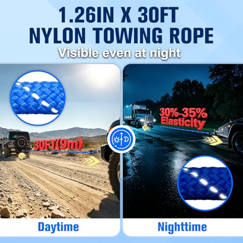 1.26" x 30FT Kinetic Recovery Rope Kit,8.5 Ton (18,666Lbs) Working Load Nylon Tow Rope with Reflective Stripe,1/2in x 24in Soft Shackles,56,000Lbs Break Strength Heavy Duty Tow Strap,Blue - view 2