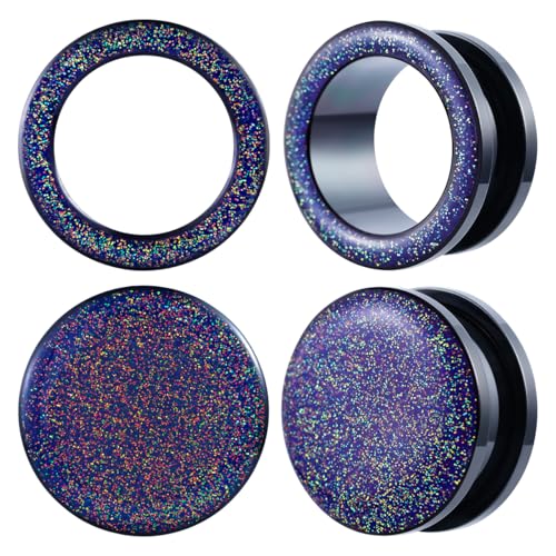 4PCS Shiny Glitter Resin Gauges Stainless Steel Ear Tunnels and Plugs White Red Purple and Blue Glitter Colorful Ear Gagues Screw Fit Expander Stretcher Piercings