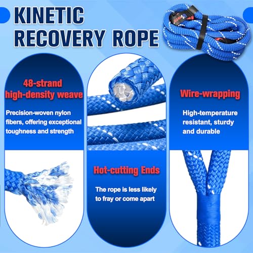 1.26" x 30FT Kinetic Recovery Rope Kit,8.5 Ton (18,666Lbs) Working Load Nylon Tow Rope with Reflective Stripe,1/2in x 24in Soft Shackles,56,000Lbs Break Strength Heavy Duty Tow Strap,Blue - view 3