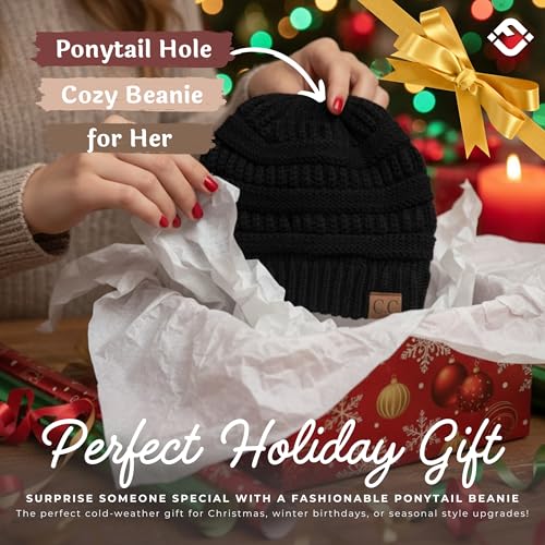 Ponytail Beanie for Women - Winter Hat Soft Stretch Cable Knit High Pony Tail Womens Running Hats - view 5