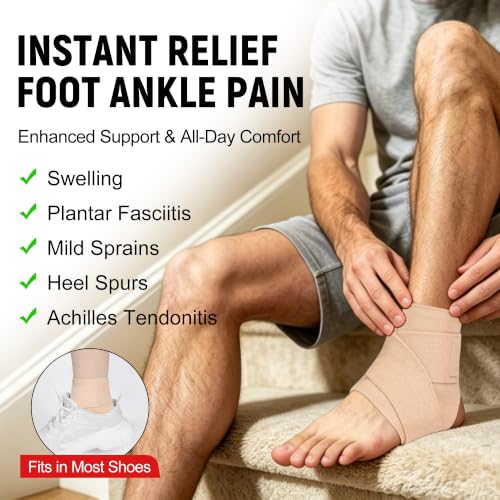 Ankle Brace Compression Sleeve 2 Pack for Women & Men, Fully Openable Wrap Support with Adjustable Strap, Breathable Open-Heel Design for Plantar Fasciitis, Sprained Ankle, Achilles Tendonitis, Sports & Daily Use Beige Medium - view 2