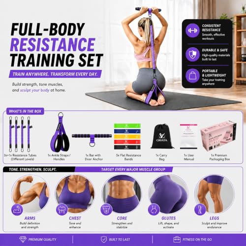 Multifunction Pedal Resistance Band Set with Handles, 4 Tube System 3x30LB + 1x20LB, 5 Loop Bands, Home Workout Kit for Legs, Glutes, Core & Pilates, Gift for Women - view 6