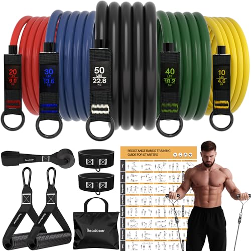 Resistance Bands, 10-150 LBS Exercise Bands with Handles, Ankle Straps & Door Anchor, Adjustable Workout Bands for Full Body Strength Training, Home, Gym & Travel