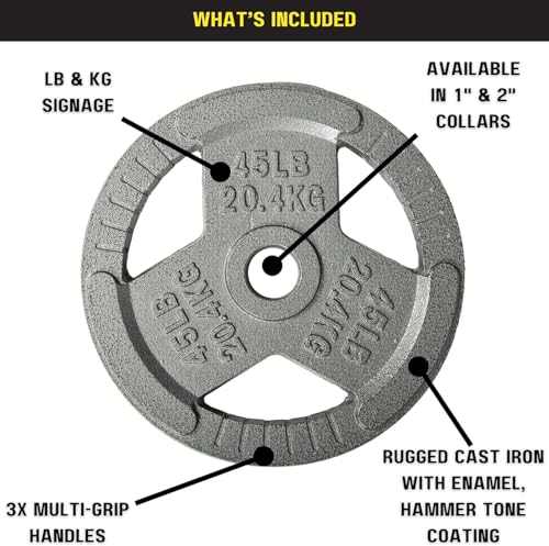 1 inch or 2 inch Cast Iron Weight Plate Set with Multi-Grip Handles and Enamel Coated for Barbells & Strength Training - Grey - view 2