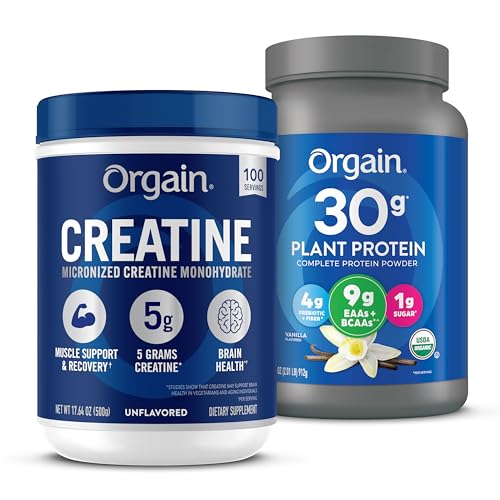 Creatine Monohydrate Powder 17.64 Oz (100 Servings) & Organic Vegan Protein Powder Vanilla 2.01lb Bundle - Muscle Growth & Recovery Support