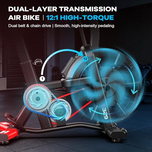 Air Resistance Fan Exercise Bike, Upright Stationary Indoor Cycling Bike with Bluetooth Connection, Dual Action Handlebars and Dual-Layer Transmission System for Home Gym Cardio Training - view 4
