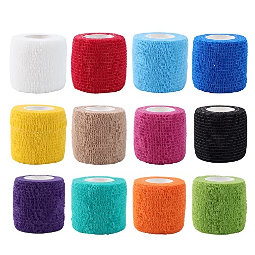 Self Adhesive Bandage Wrap, 12pcs 2" x 5 Yards, Breathable Elastic Cohesive Bandages, Vet Wrap, Tattoo Handle Grip Tube, Sports Tape Bulk for First Aid Supplies, Wrist Sprains Protection