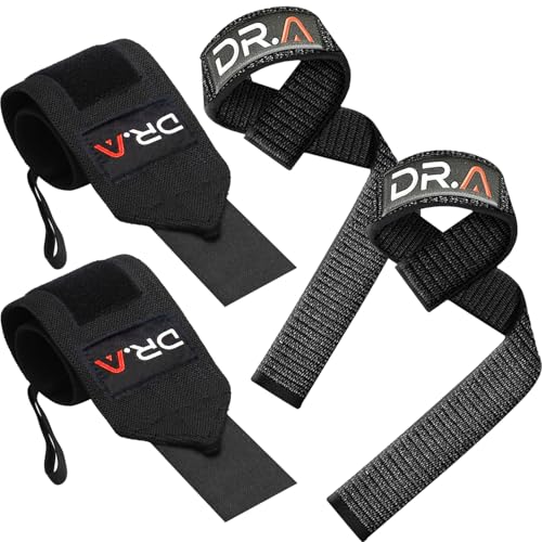 Gym Wrist Wraps & Wrist Straps for Weightlifting Bundle (2 Pairs), Heavy-Duty Workout Straps Support for Everyday Training & Injury Recovery, Lifting Accessories for Men & Women (Black) (Wrap & Straps Combo (Black))