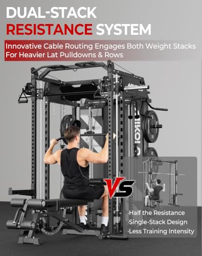 Smith Machine with Weight Stack, Power Cage Home Gym System with LAT Pulldown & Cable Crossover, Multi-Functional Trainer with Dual Pulley System, Includes 10+ Free Attachments - view 5