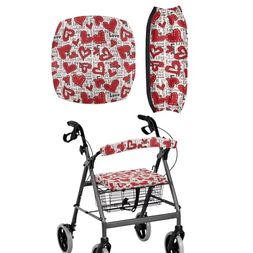 Universal Rollator Walker Seat and Backrest Covers Rollator Accessories Red Heart Design Walkers for Seniors with Seat Covers, Easy to Clean