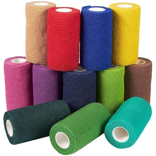 Cohesive Bandage Vet Wrap Rolls - Sprain & Strain Support Elastic Bandage & Vet Wrap for Dogs & Horses - Self-Adherent Dog Wound Care Tape - First Aid & Sports Tape - 12 Count, 4 in x 5 yd