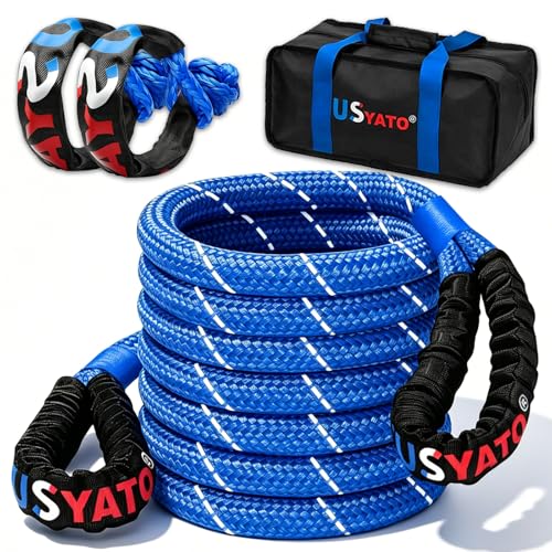 1.26" x 30FT Kinetic Recovery Rope Kit,8.5 Ton (18,666Lbs) Working Load Nylon Tow Rope with Reflective Stripe,1/2in x 24in Soft Shackles,56,000Lbs Break Strength Heavy Duty Tow Strap,Blue