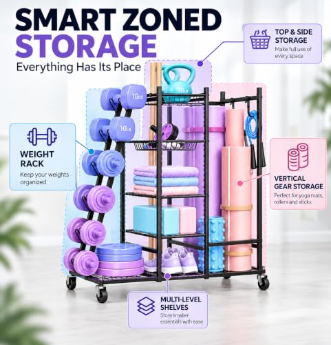 Home Gym Storage Rack with Wheels, Dumbbell Rack & Yoga Mat Organizer - view 3