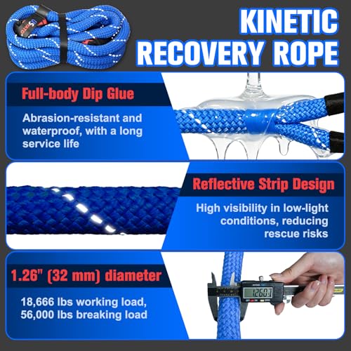 1.26" x 30FT Kinetic Recovery Rope Kit,8.5 Ton (18,666Lbs) Working Load Nylon Tow Rope with Reflective Stripe,1/2in x 24in Soft Shackles,56,000Lbs Break Strength Heavy Duty Tow Strap,Blue - view 4