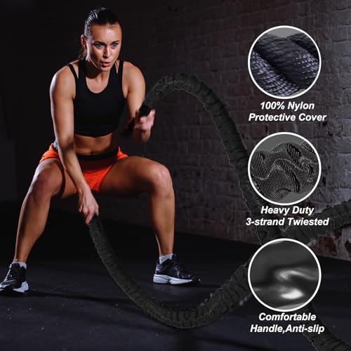 Battle Rope 1.5 Inch Diameter,Black 30FT Exercise Workout Ropes for Home Gym Heavy Weighted Training Rope for Working Out - view 5